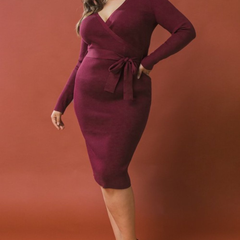 Women's Solid Burgundy  Ribbed Sweater Dress
